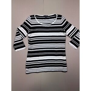 St John Womens Small Black White Striped 3/4 Sleeve Knit Top Metallic Detail